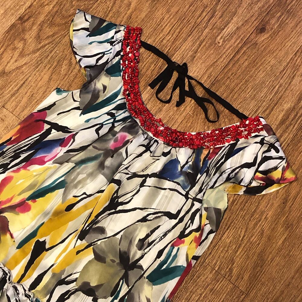 Magaschoni Collection Bright Abstract Coral Embellished Beaded Blouse Medium